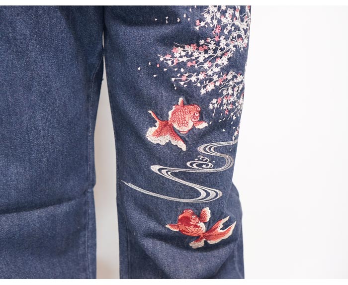 花旅楽団(ハナタビガクダン) 和柄 ジーンズ 桜 金魚 刺繍 デニムパンツ