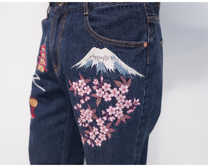 花旅楽団(ハナタビガクダン) 和柄 ジーンズ 富士舞妓刺繍デニムパンツ