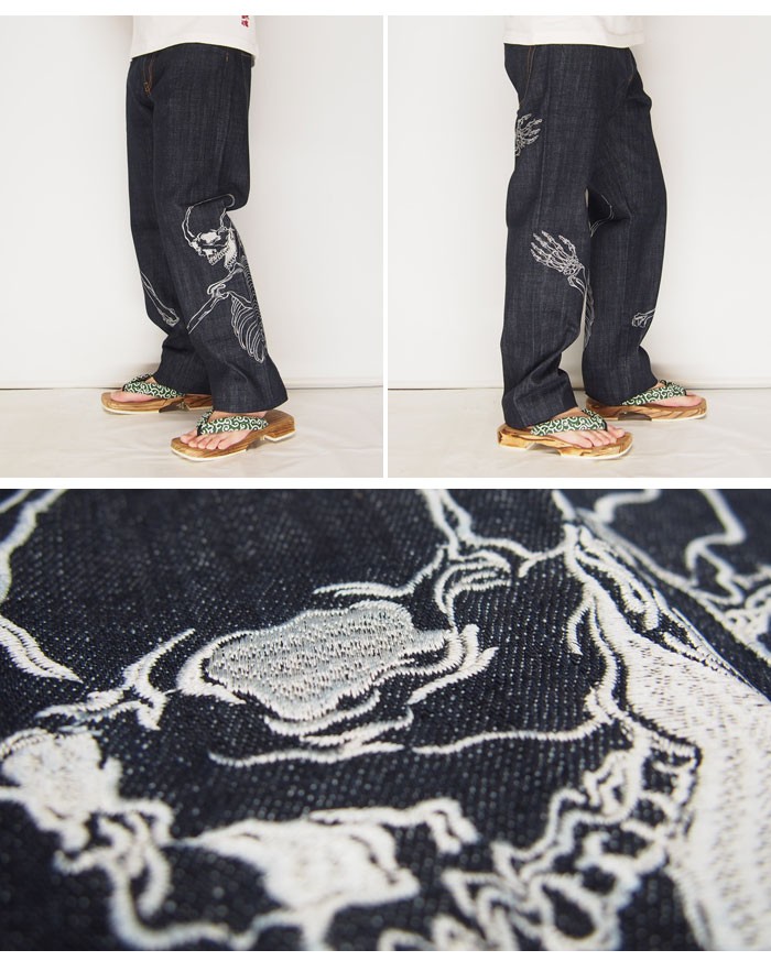 花旅楽団[ハナタビガクダン] 抱き髑髏刺繍 ワンウォッシュ 和柄