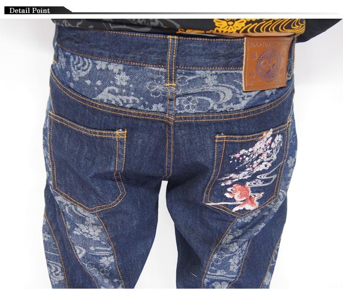 花旅楽団[ハナタビガクダン] 桜 金魚 刺繍 切り換え 和柄ジーンズ