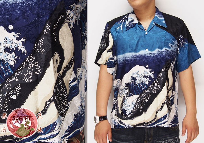 花旅楽団[ハナタビガクダン] 波巨鯨 ハワイアンシルク アロハシャツ/和柄半 h-ss402-150516-1p.jpg
