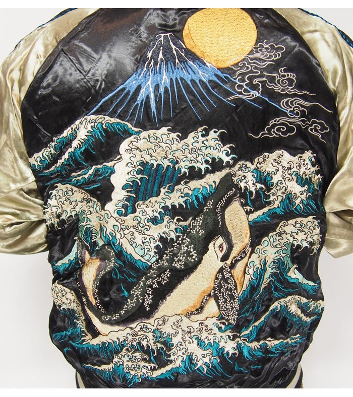 花旅楽団　リバーシブル　波と鯨の刺繍 スカジャン 金色 花旅楽団 波鯨 刺繍 リバーシブルスカジャン