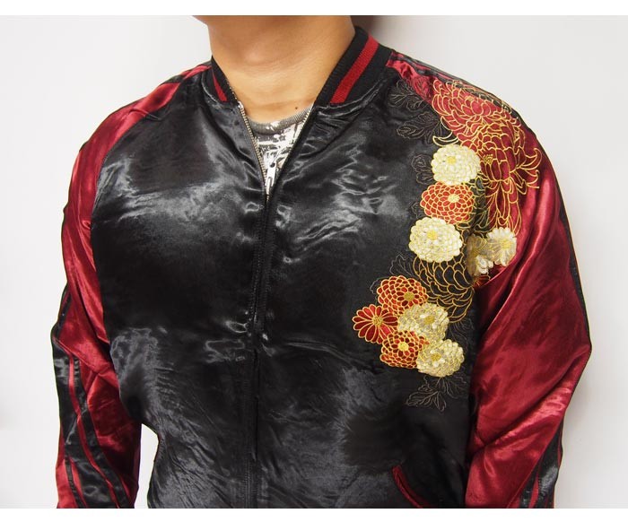 花旅楽団[ハナタビガクダン] 猫花魁 刺繍 リバーシブル 和柄スカジャン