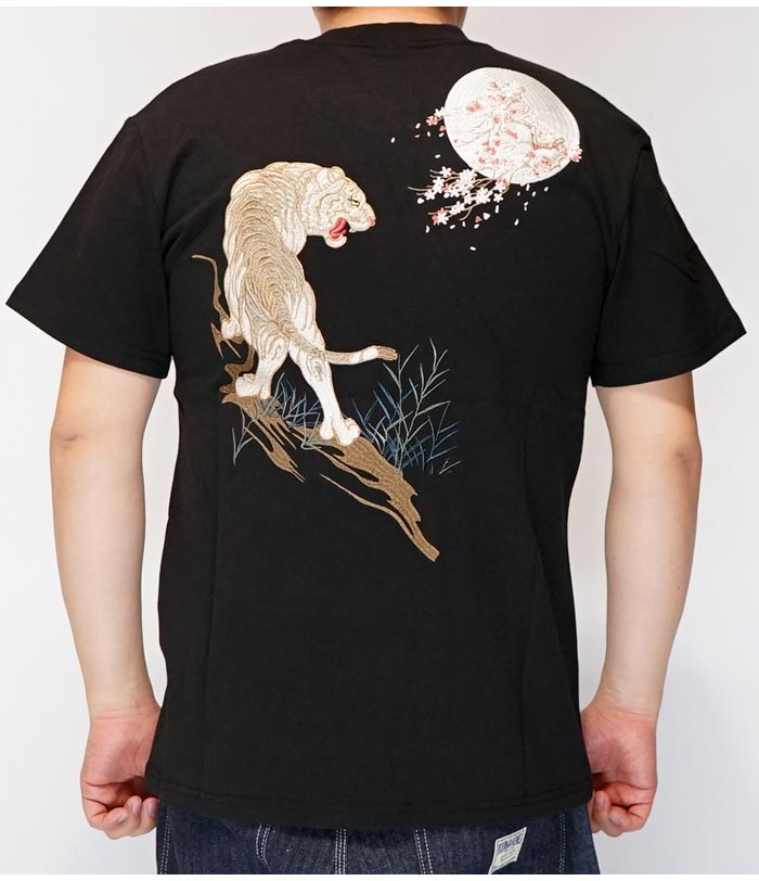 JAPANESQUE ジャパネスク 和柄 Tシャツ メンズ 月に白虎刺繍 ST-503