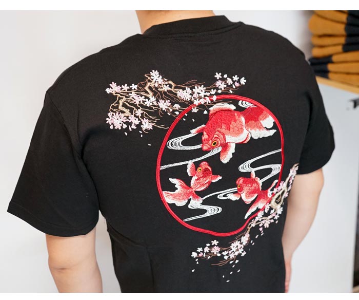 JAPANESQUE ジャパネスク 和柄 Tシャツ メンズ 桜金魚刺繍 ST-505 送料