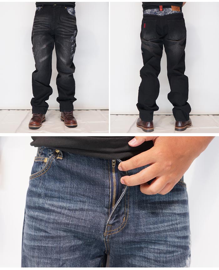 絡繰魂 カラクリダマシイ 和柄 ジーンズ デニム メンズ 総刺繍 蓮流水