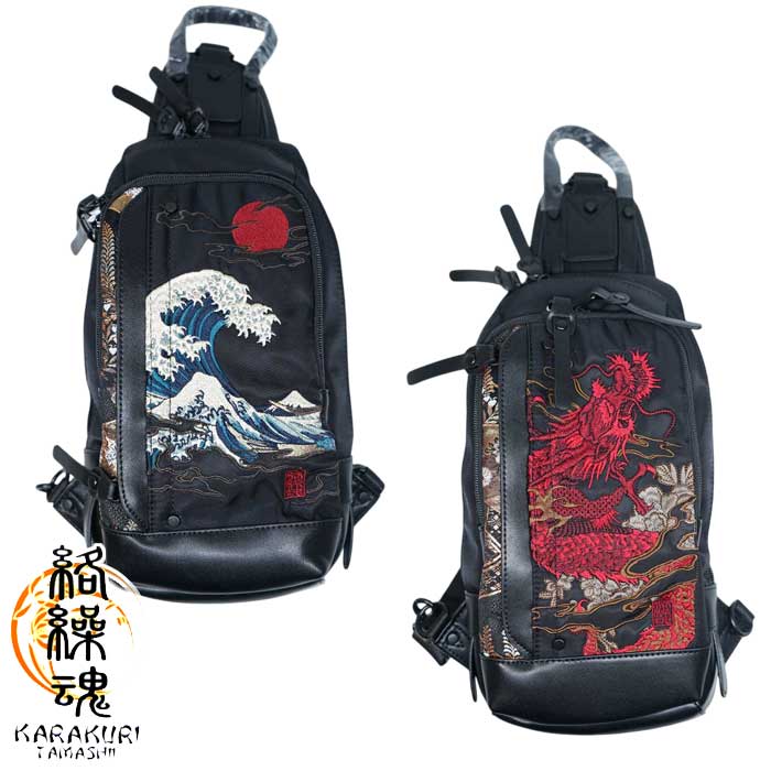 絡繰魂 カラクリダマシイ 和柄 ボディ ショルダー ウエスト バッグ BAG 鞄 メンズ 赤龍 富士波 253904 送料無料 絡繰魂 カラクリダマシイ 和柄 ボディ ショルダー ウエスト バッグ BAG