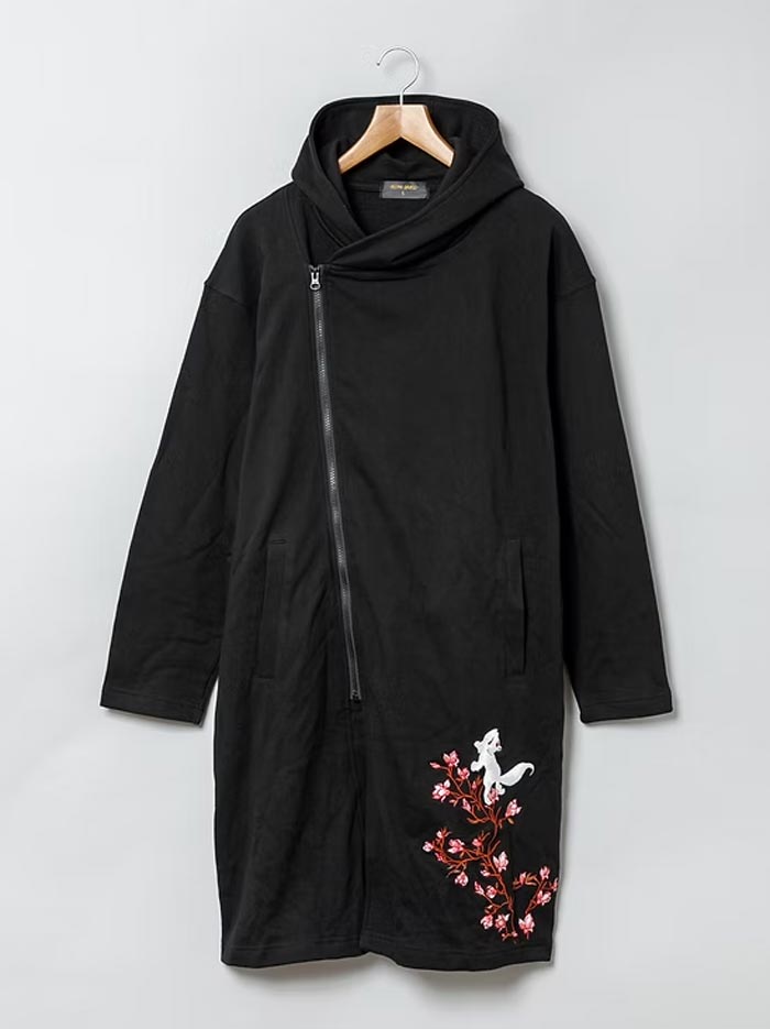 今昔 こんじゃく 狐 和柄 ロングパーカー メンズ 木蓮の花咲く頃 裏毛 参丸一 KJ-29252 送料無料の画像