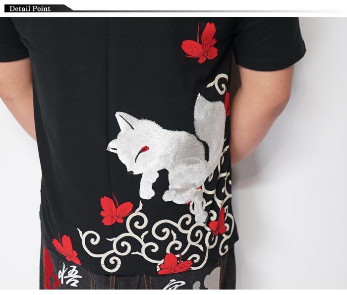 今昔 こんじゃく 狐 和柄 Tシャツ 半袖 メンズ キツネ こだわりの刺繍