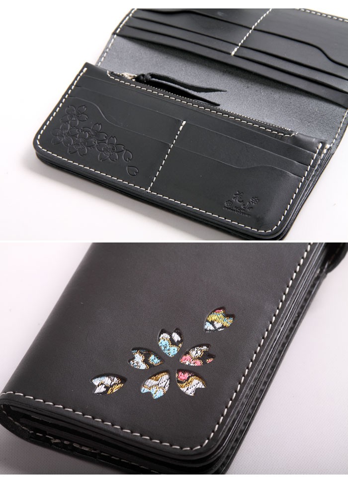 花山 レザー長財布 黒地 金青刺繍 花山特集】 【花山特集】 | バイク ウェア 【花山特集】 【花山特集