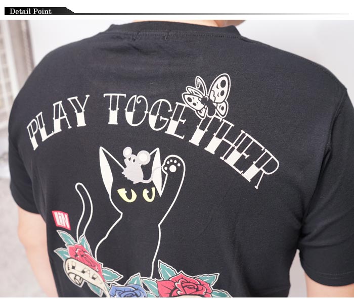 LIN 和柄 Tシャツ メンズ 半袖 黒猫のLamyとネズミのEarl ラミ＆アール