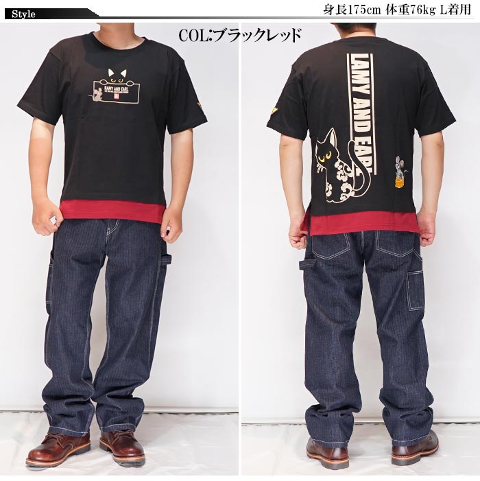 LIN 和柄 Tシャツ メンズ 半袖 黒猫のLamyとネズミのEarl ラミ＆アール ロゴレイヤード 参丸一 AL-75070｜mayakasai｜04