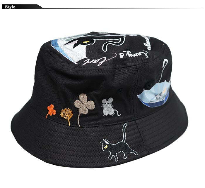 LIN 和柄 バケットハット 帽子 黒猫のLamyとネズミのEarl ラミ＆アール
