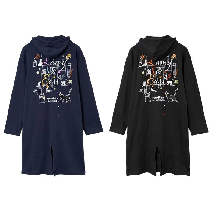 LIN 和柄 長袖 メンズ ロングパーカー 黒猫のLamyとネズミのEarl ラミ