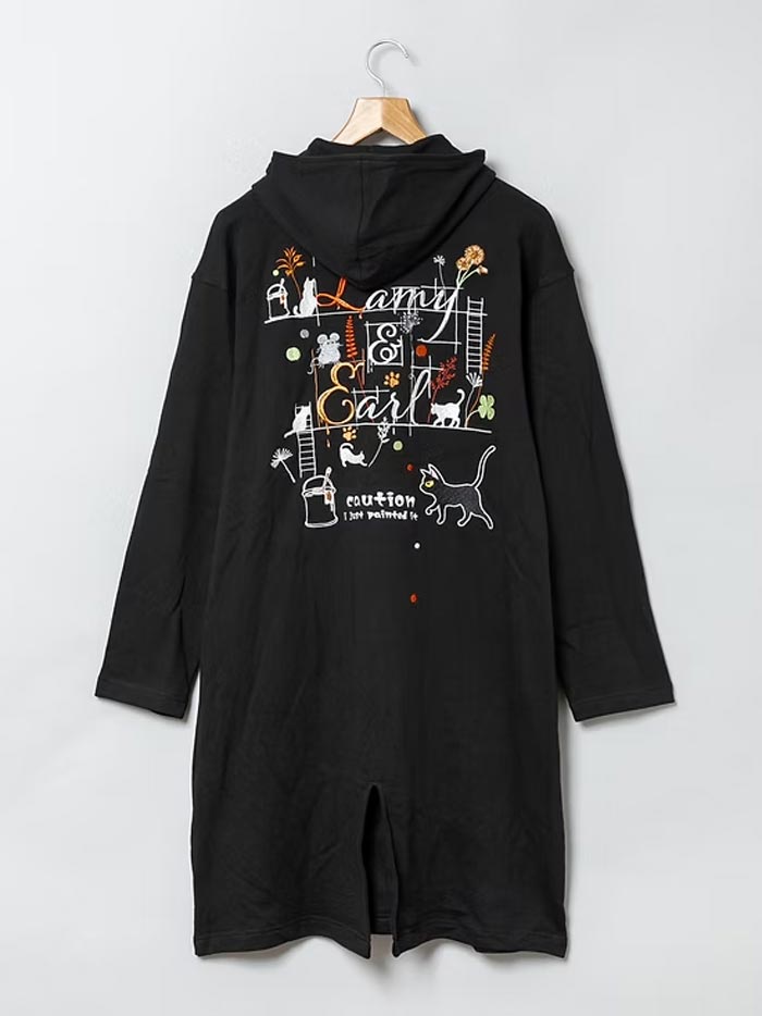 LIN 和柄 長袖 メンズ ロングパーカー 黒猫のLamyとネズミのEarl ラミ