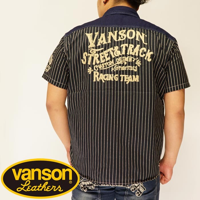 VANSON バンソン 半袖シャツ 刺し子切替デニムシャツ ワッペン バイク