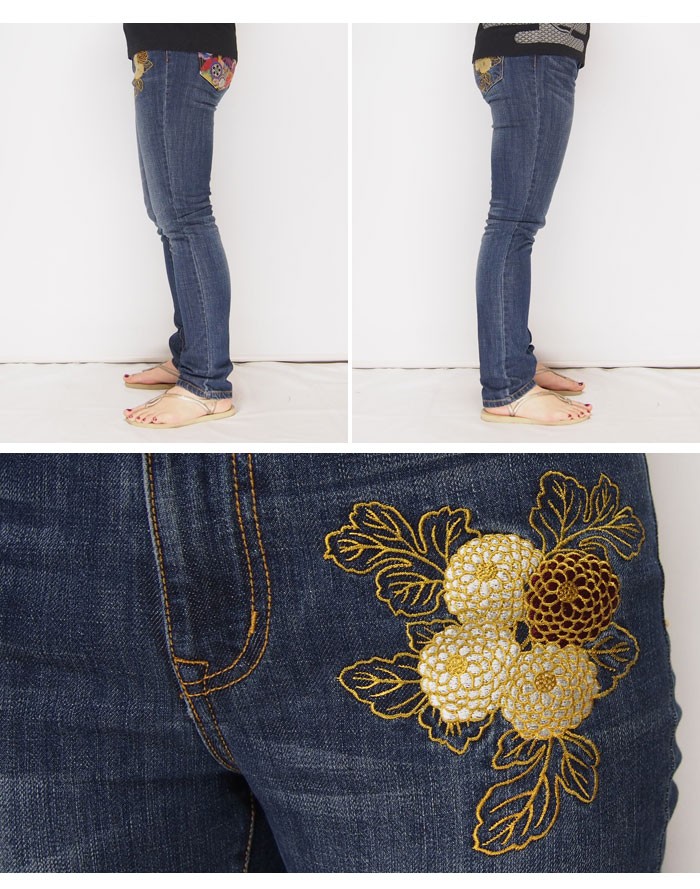 ジャパネスク レディース 菊柄 刺繍 和柄ジーンズ/デニム/4RSP