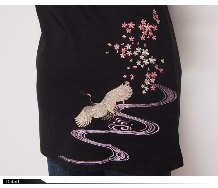 ジャパネスク レディース 鶴と桜流水 刺繍 和柄チュニックドレス