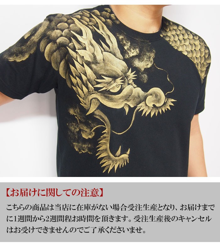 羽水[うすい] 雲龍 黒×金 手描き 和柄Tシャツ/半袖/ryu17bg/送料