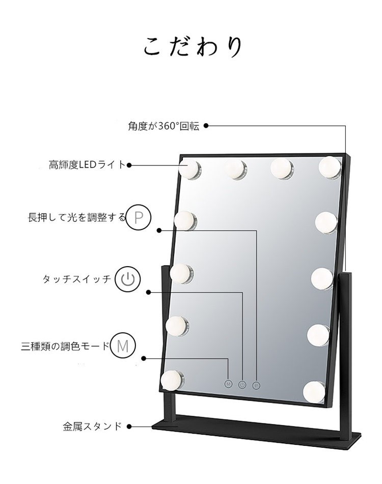 および PinSpace 化粧鏡 66個のLEDライト 寒暖色調節可能 21種明るさ調節 充電式 90°回転 ?送7倍拡大鏡 高清鏡 取り外し可能 卓上ミラー  鏡：shopashito オフィスの - shineray.com.br