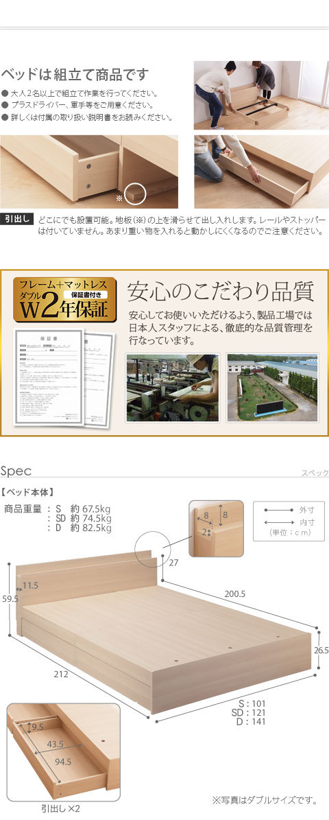 ベッドセット ベッドフレーム マットレス付き ダブル : うさぎ屋