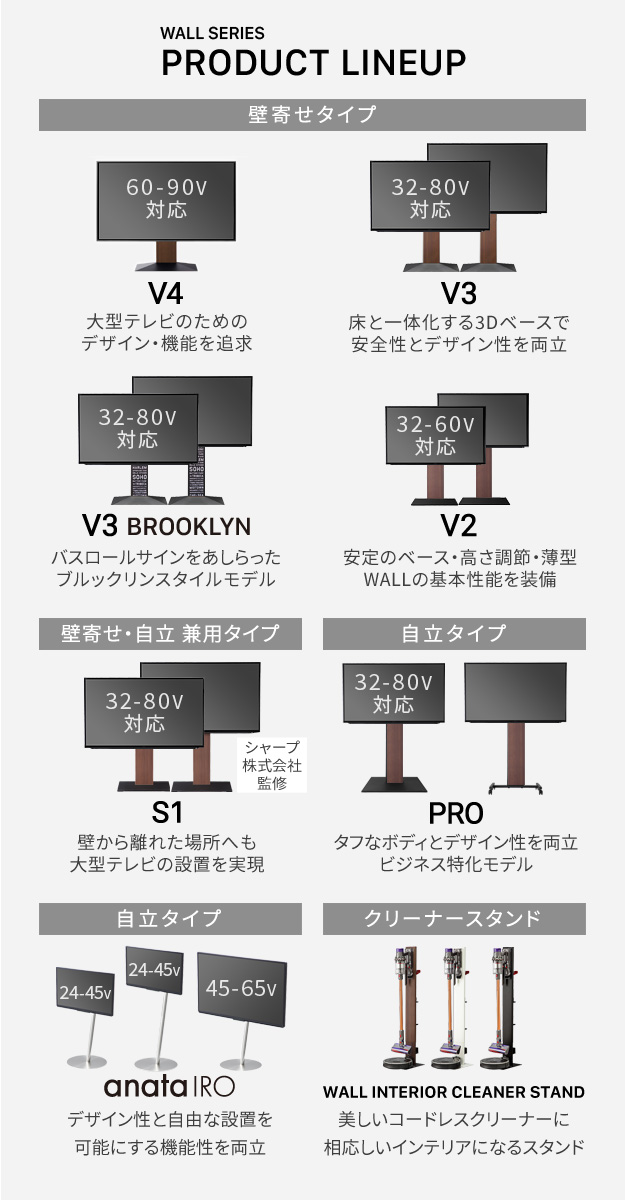 テレビ台 WALLインテリアテレビスタンドanataIRO テレビ45〜65型対応 ラージタイプ 自立型を激安で販売する京都の村田家具