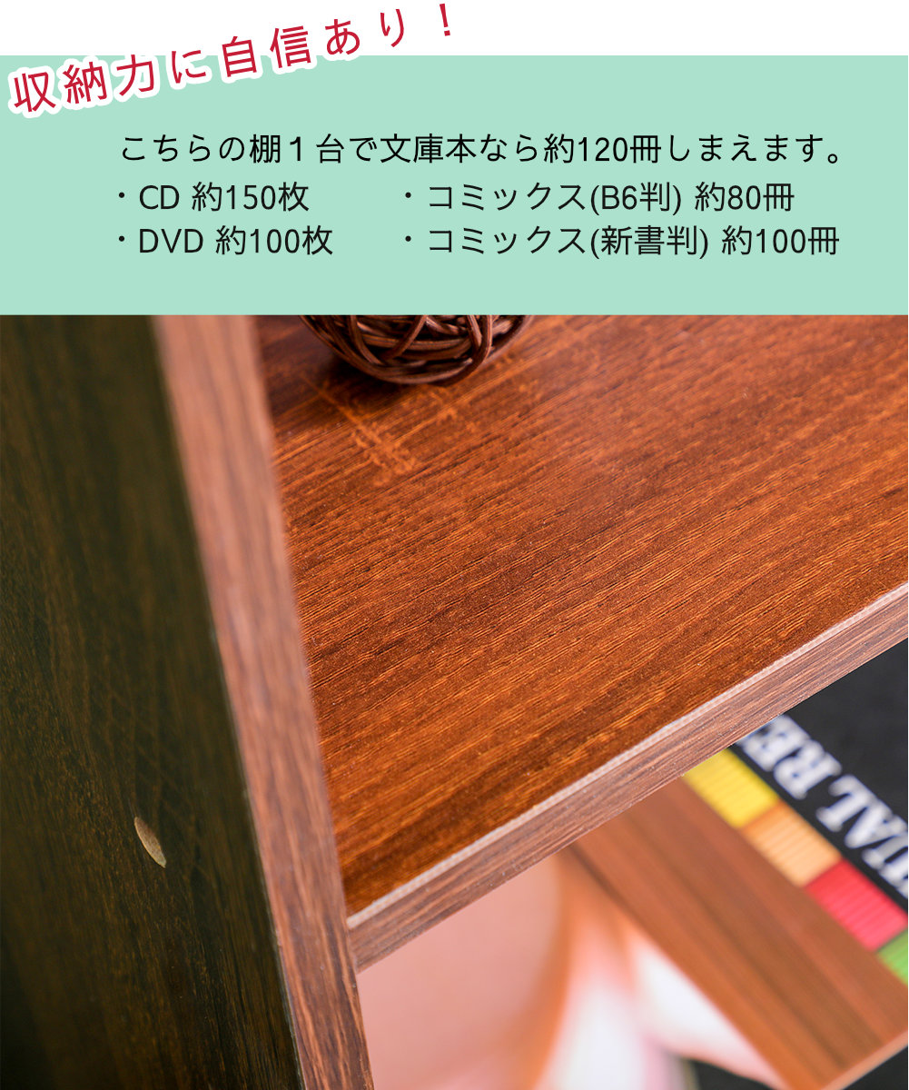 収納力に自信あり！こちらの棚１台で文庫本なら約120冊しまえます。CDなら約150枚