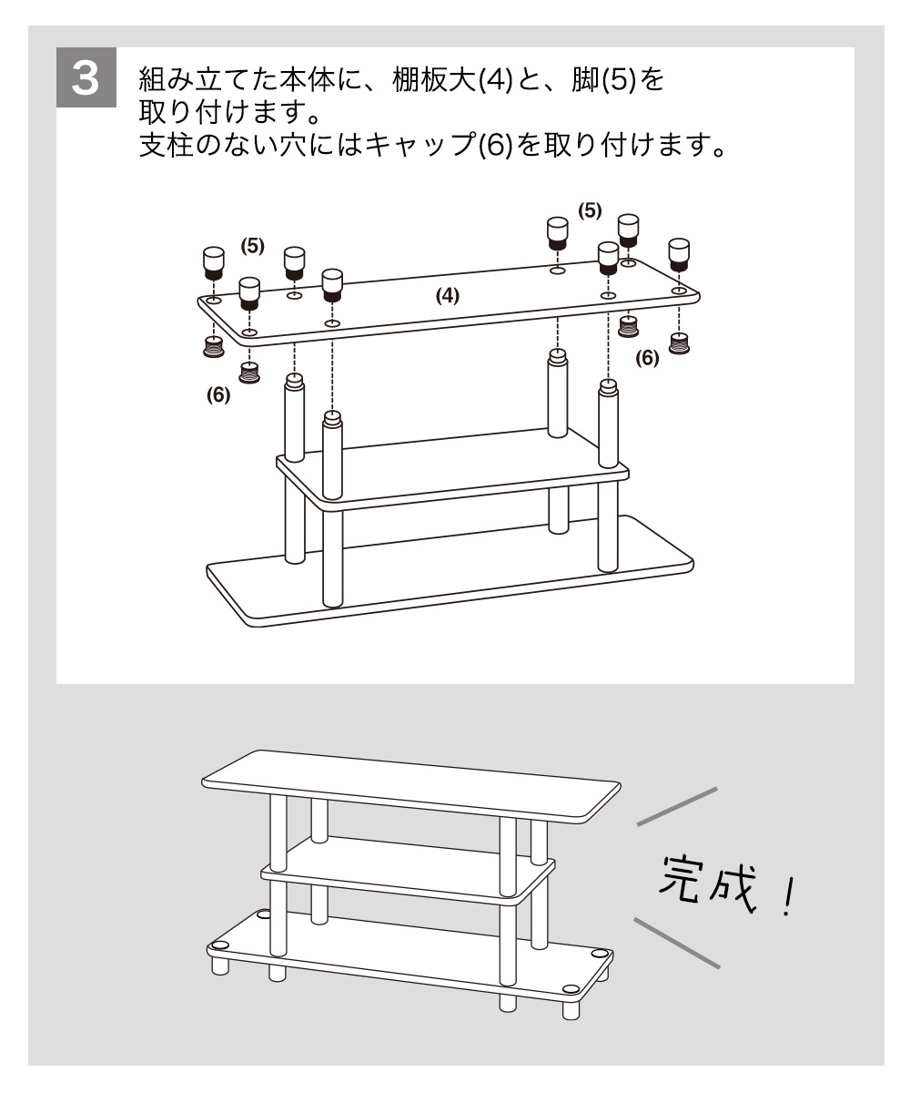 ３組み立てた本体に、棚板大(4)と、脚(5)を取り付けます。支柱のない穴にはキャップ(6)を取り付けます。完成