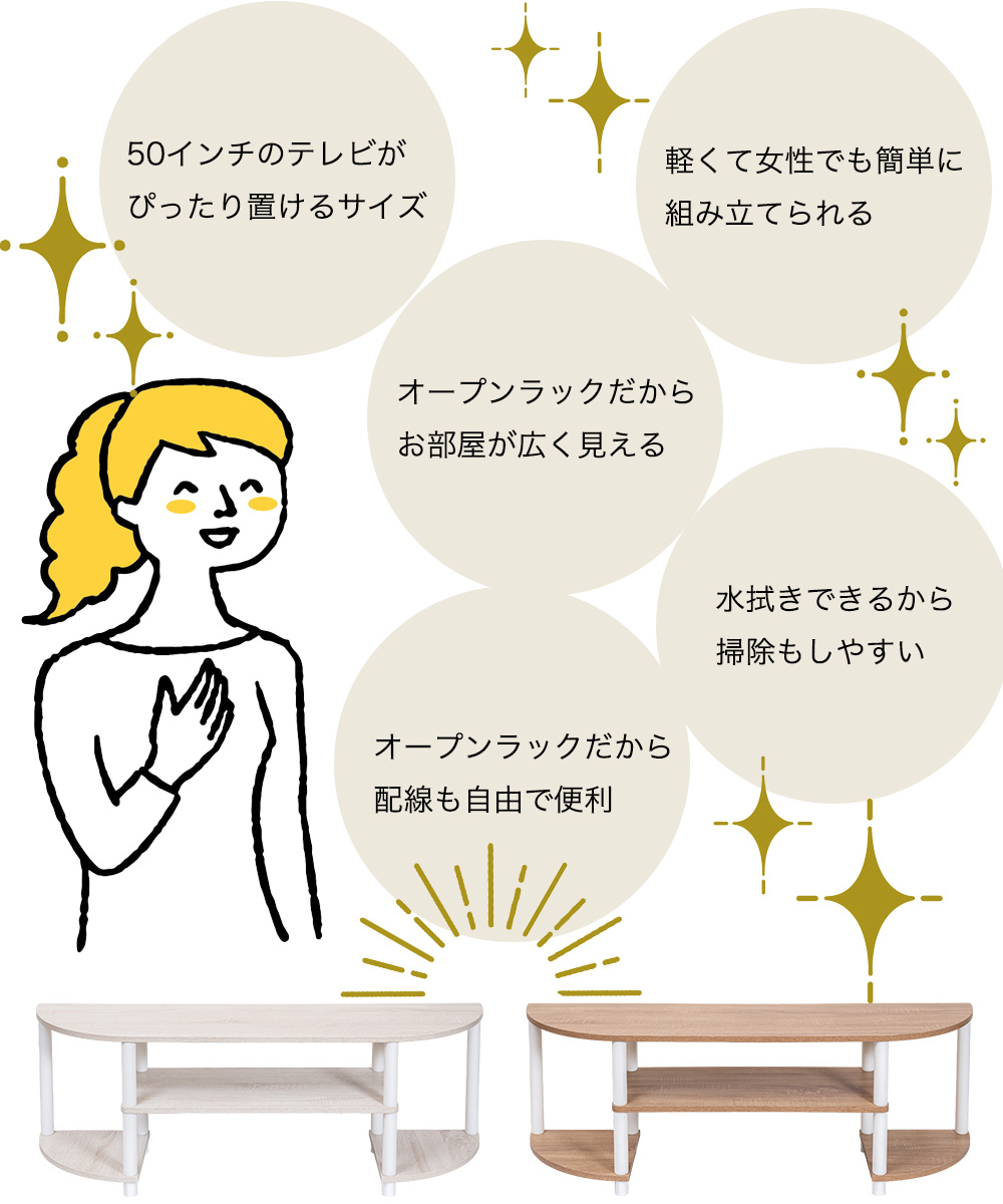 50インチのテレビが ぴったり置けるサイズ 軽くて女性でも簡単に 組み立てられる