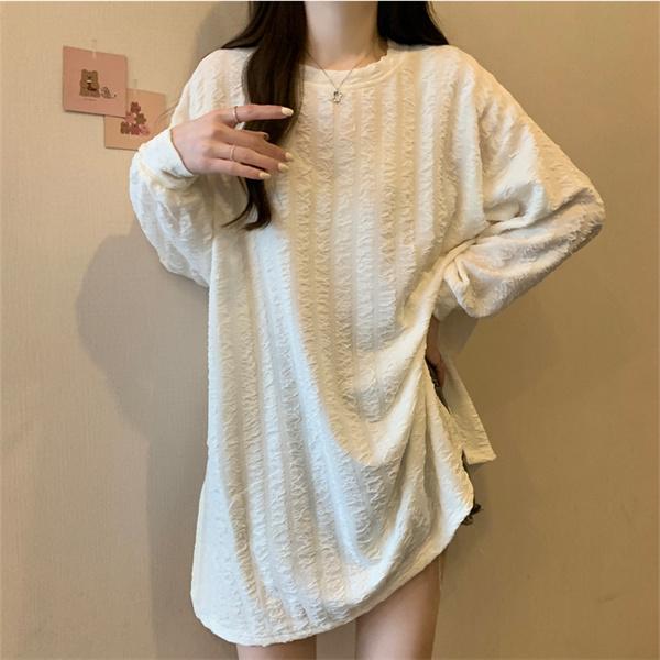 ロンティーレディース 長袖 tシャツ 凹凸柄 ゆったり ロング丈 カットソー ス シンプル 無地 体型カバー 秋新作 シンプル きれいめ | ブランド登録なし | 02