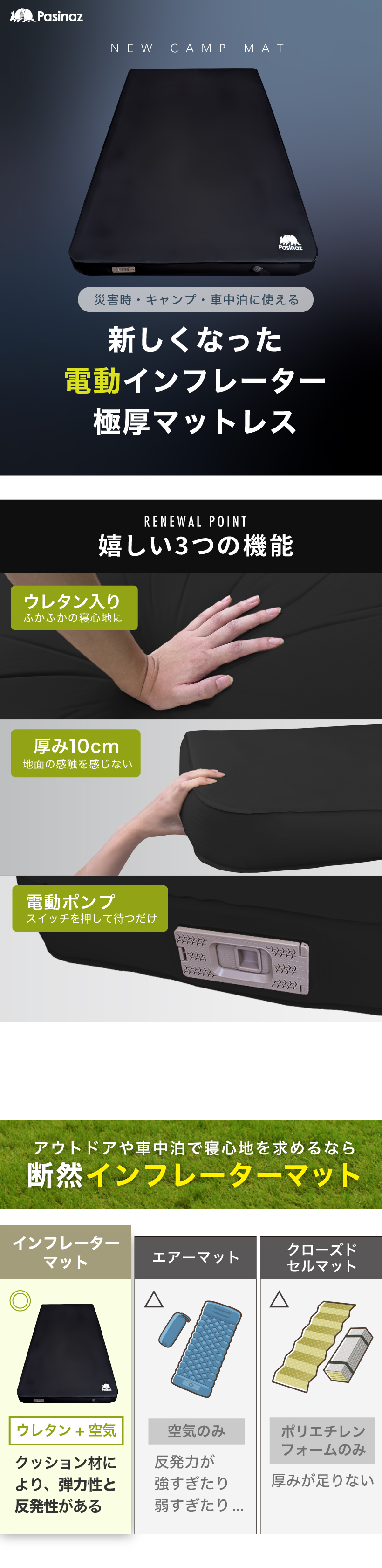 電動ポンプ内蔵 インフレーターマット ダブル 電動 厚手10CM キャンプ