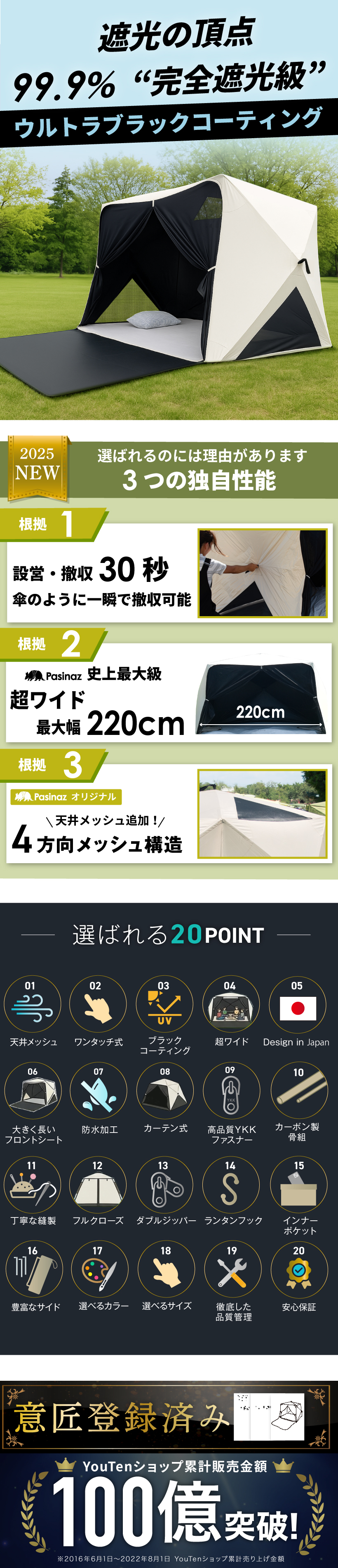 Pasinaz ブラックコーティング ワンタッチ テント 傘型 冷感 遮光性