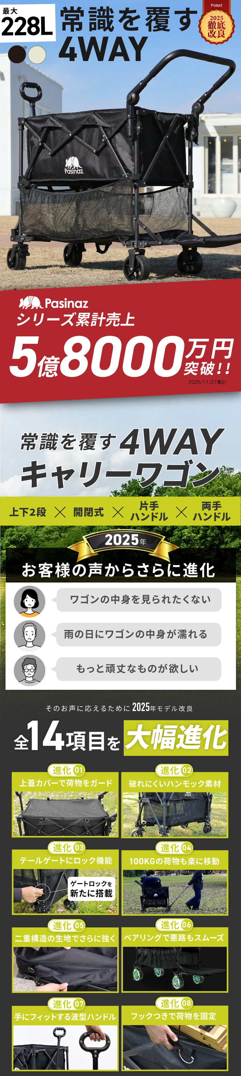 最大310L 2段 後ろ開け 4way アウトドアワゴン キャリーワゴン