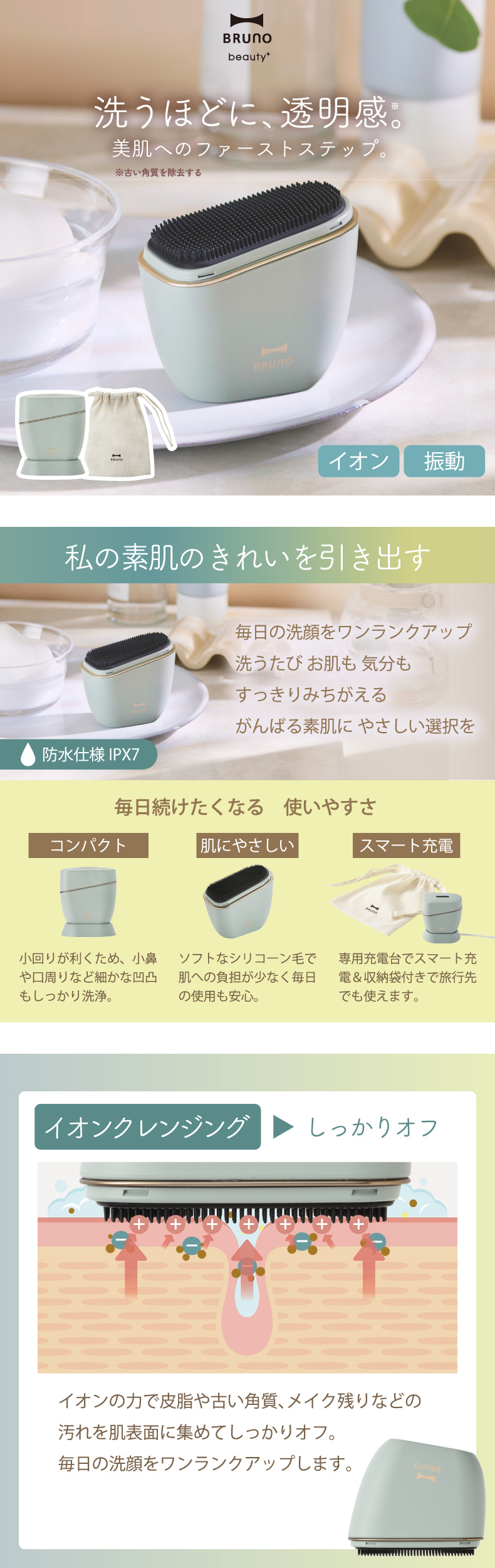 BRUNO（ブルーノ） イオン洗顔ブラシ 音波振動 電動 コンパクト洗顔器