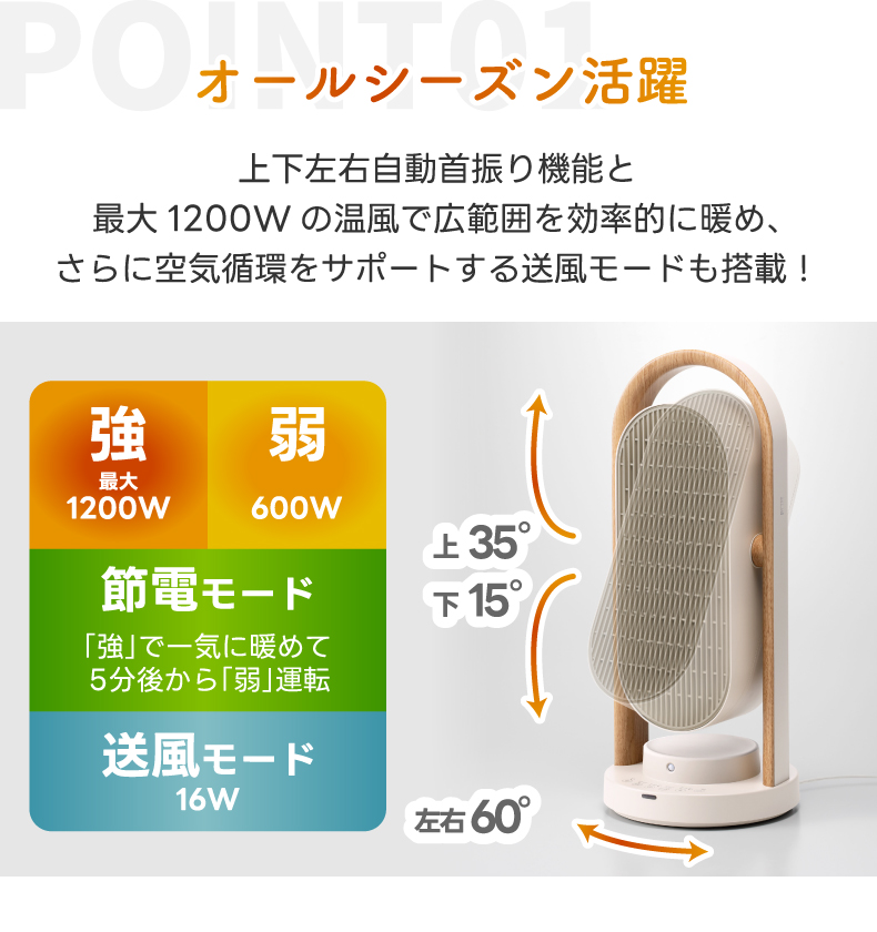 オールシーズン使える！ セラミックヒーター THREEUP セラミックヒーター 小型 木目調 人感センサー 電気