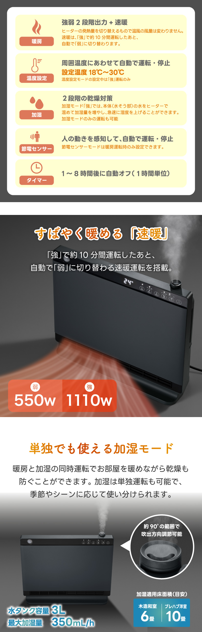 Three-up ハイブリッド加湿ヒーター 温風で暖めながら加湿できる省エネ設計 冬の乾燥対策におすすめ