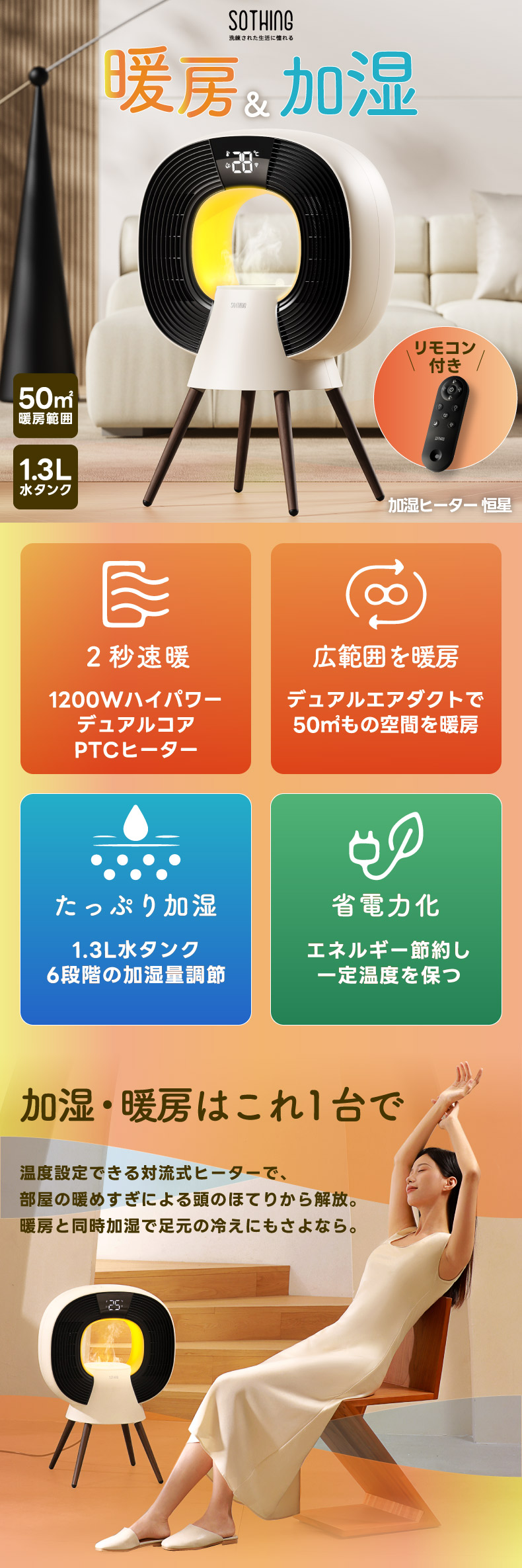 加湿機能付 ヒーター 電気ストーブ 1200W 暖房 速暖 温度設定 加湿器
