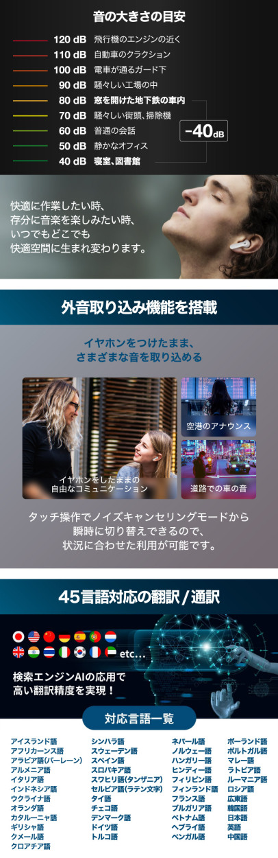 翻訳機能付き ワイヤレスイヤホン ノイズキャンセリング Du
