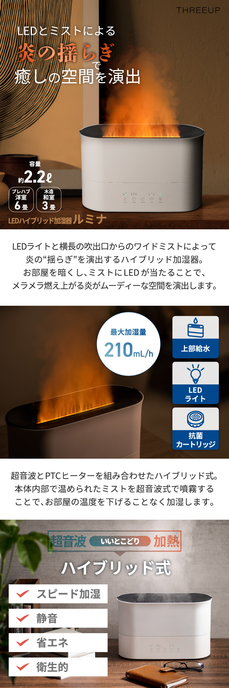 THREEUP（スリーアップ） 加湿器 上部給水式 ハイブリッド加湿器
