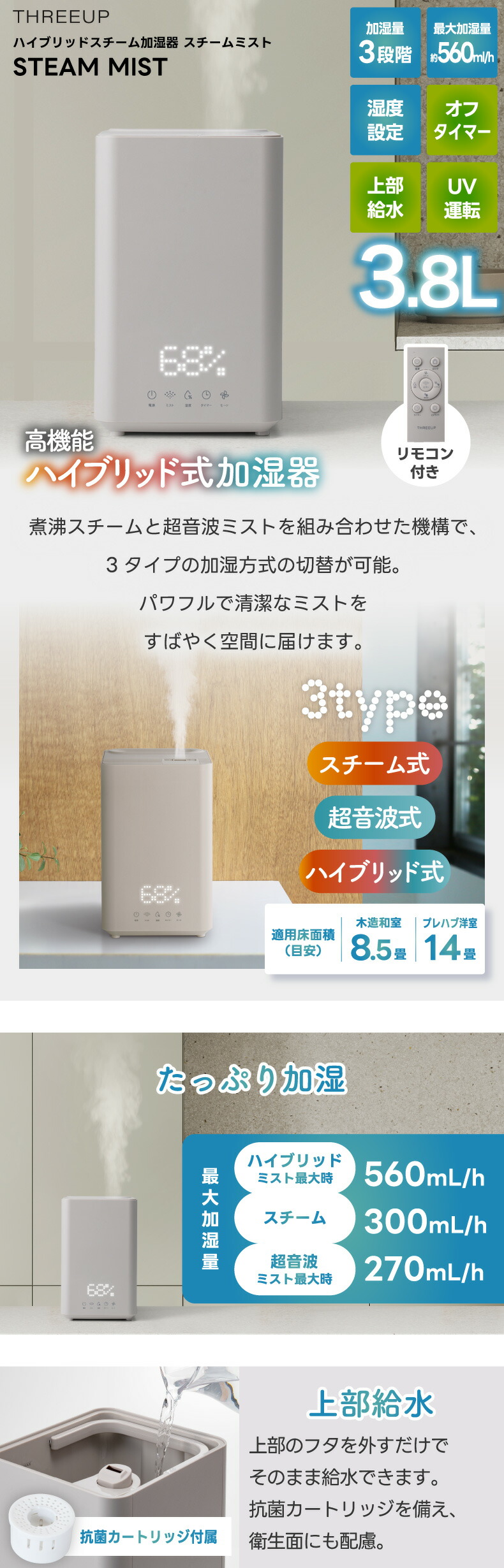 THREEUP（スリーアップ） ハイブリッドスチーム加湿器 3.8L 大容量 超