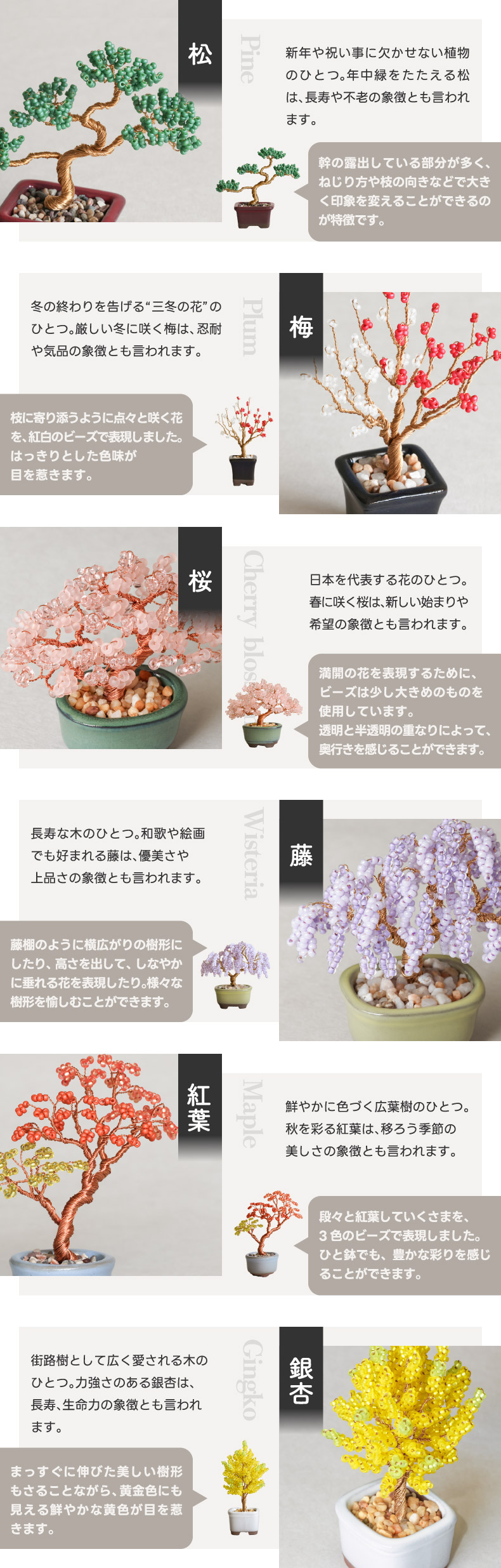 ワイヤーをねじるだけで作れる小さな盆栽のキット