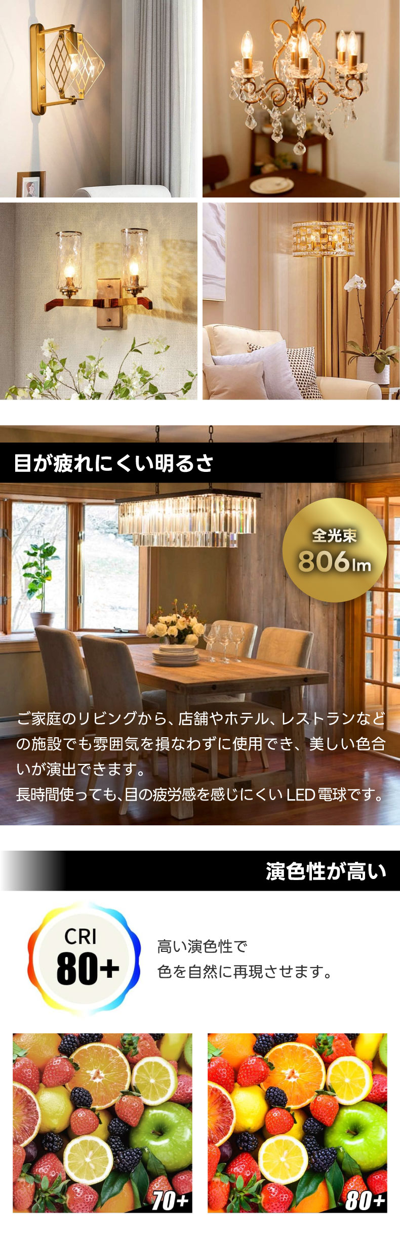 LEDシャンデリア電球 6個入 E12口金 60W形相当 電球色 燭台電球 e12 広