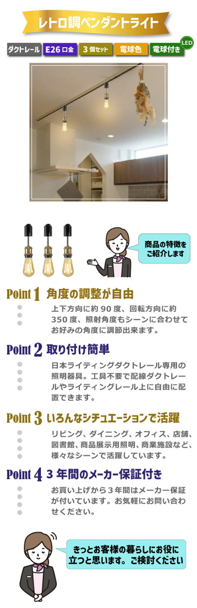 ダクトレール スポットライト 3個セット E26口金 LED電球付き エジソン