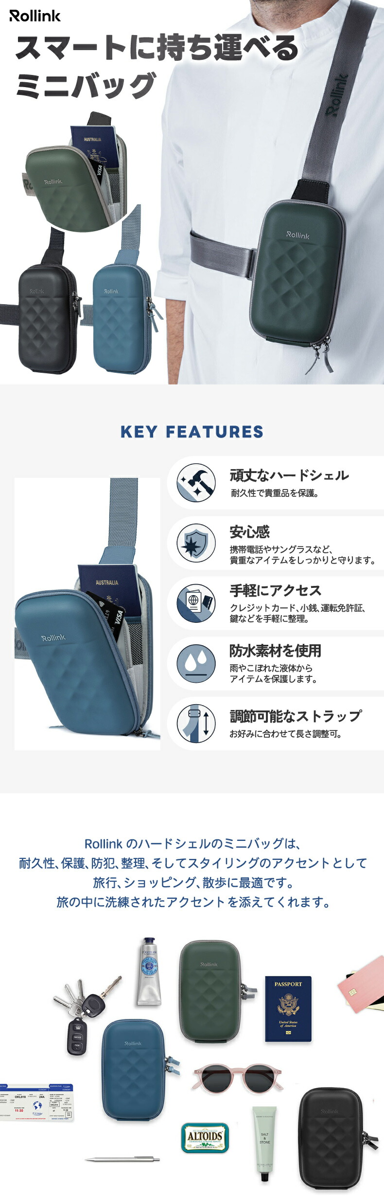 トラベルミニバッグ スマホショルダー ハードシェル 旅行 軽量 ミニ
