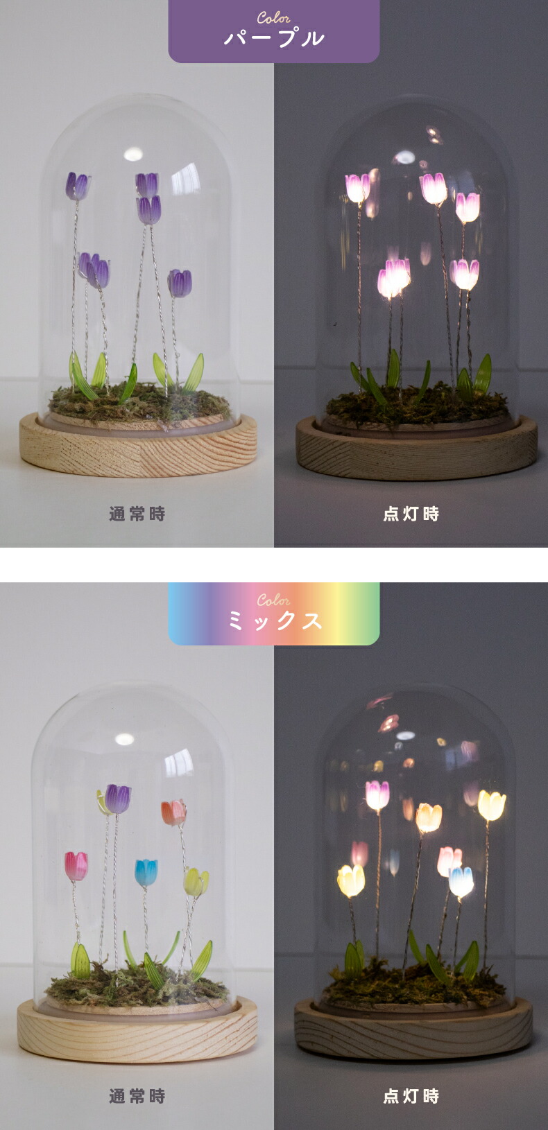 LUMO チューリップ ガラスドーム LEDライト付 卓上 インテリア 置物