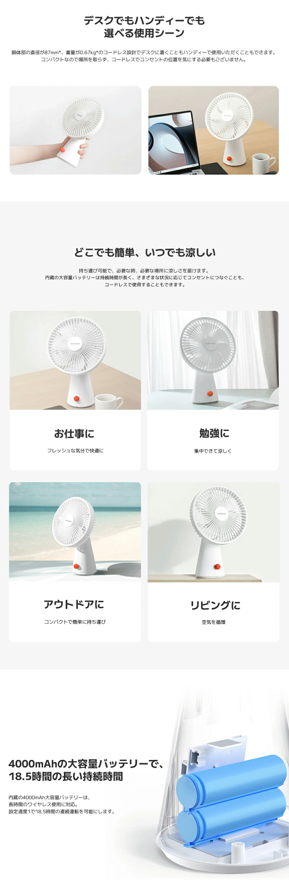 コンパクトで置きやすいXiaomiミニ扇風機 リビング 寝室 キッチンでも使える卓上ファン