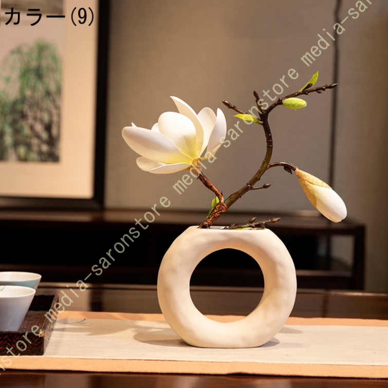 玉蘭 造花 中古風 インテリア レトロモダン 耐退色 耐候 新居祝い テーブル飾り 陶器風花瓶付き リビング 玄関装飾 侘び寂び ホテル 和モダン 空間演出_9