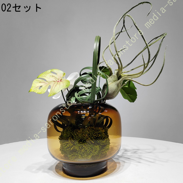 人工観葉植物 枝物 インテリア 卓上 ガラス花瓶付き 造花 繊細な葉