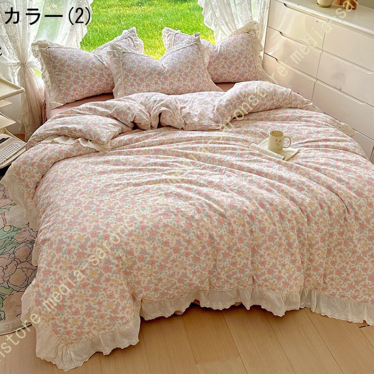 綿100% 布団カバー セット 4点セット コットン 8ヶ所ヒモ付き ファスナー ベッドカバー 寝具カバーセット オールシーズン 速乾 通気 寝室コーデ 保温 防寒_2