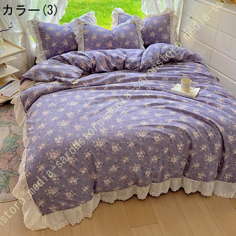 綿100% 布団カバー セット 4点セット コットン 8ヶ所ヒモ付き ファスナー ベッドカバー 寝具カバーセット オールシーズン 速乾 通気 寝室コーデ 保温 防寒_3